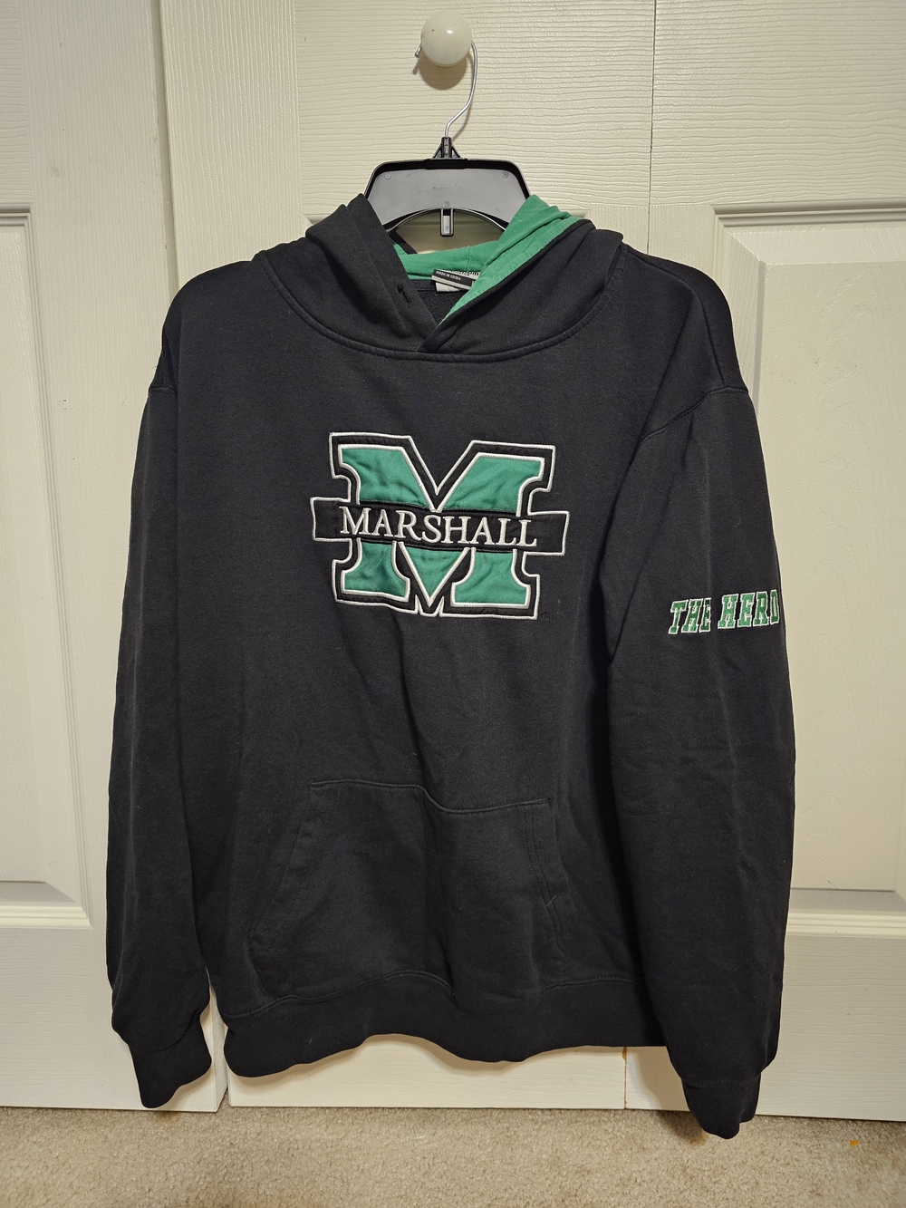Marshall Black Hoodie with Green Logo and Lined Hood Large
